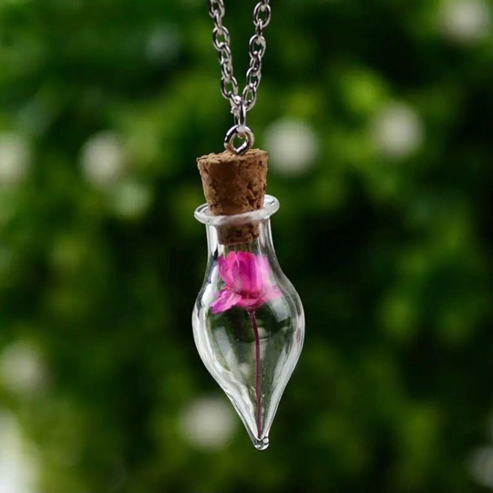 Silver Tone Dried Pink Flower Glass Vial Necklace